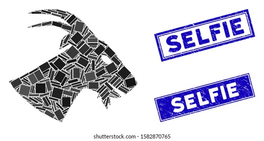 Mosaic goat head icon   rectangular Selfie stamps  Flat vector goat head mosaic icon scattered rotated rectangular items  Blue Selfie stamps and grunge texture 
