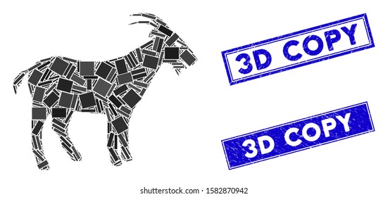 Mosaic goat icon and rectangular 3D Copy stamps. Flat vector goat mosaic icon of scattered rotated rectangular elements. Blue 3D Copy seal stamps with grunge textures.