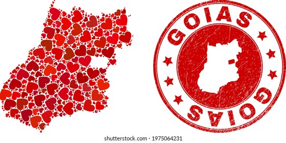 Mosaic Goias State map formed with red love hearts, and unclean stamp. Vector lovely round red rubber seal stamp imitation with Goias State map inside.