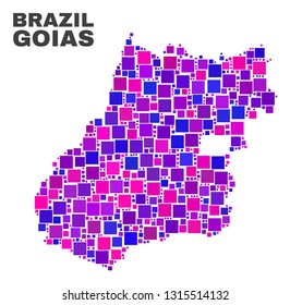 Mosaic Goias State map isolated on a white background. Vector geographic abstraction in pink and violet colors. Mosaic of Goias State map combined of random square elements.