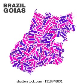 Mosaic Goias State map isolated on a white background. Vector geographic abstraction in pink and violet colors. Mosaic of Goias State map combined of random round dots and lines.