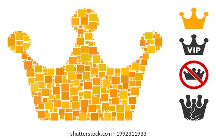 Mosaic Gold crown icon composed of square items in various sizes and color hues. Vector square parts are composed into abstract mosaic gold crown icon. Bonus icons are placed.