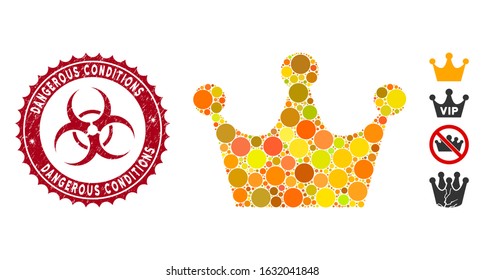 Mosaic gold crown icon and grunge stamp seal with Dangerous Conditions text and biohazard symbol. Mosaic vector is formed with gold crown pictogram and with randomized spheric elements.