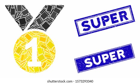 Mosaic gold medal pictogram and rectangular Super seal stamps. Flat vector gold medal mosaic pictogram of randomized rotated rectangular items. Blue Super stamps with grunge texture.