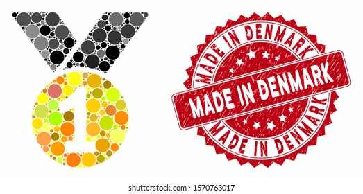 Mosaic gold medal and rubber stamp seal with Made in Denmark phrase. Mosaic vector is composed with gold medal icon and with random round spots. Made in Denmark stamp seal uses red color,