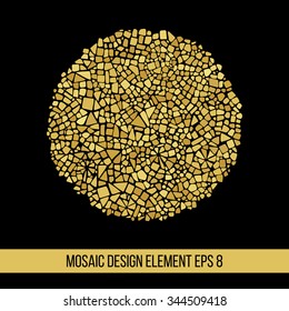 Mosaic golden design element in a circle form. Abstract round background. Ceramic tile texture. Easy to recolor. 