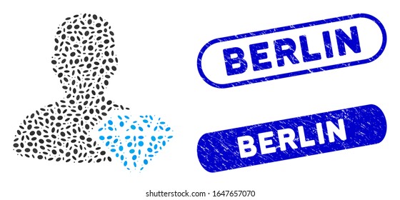 Mosaic goldsmith and rubber stamp watermarks with Berlin caption. Mosaic vector goldsmith is formed with scattered ellipse items. Berlin stamp seals use blue color, and have round rectangle shape.