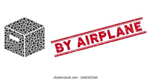 Mosaic goods box icon and grunge stamp seal with red By Airplane caption between double parallel lines. Mosaic vector is created with goods box icon and with scattered oval items.