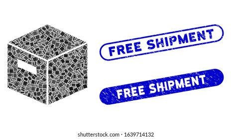 Mosaic goods box icon and red rounded rubber stamp seal with Free Shipment text and coronavirus symbol. Mosaic vector is formed with goods box icon and with randomized spheric elements.