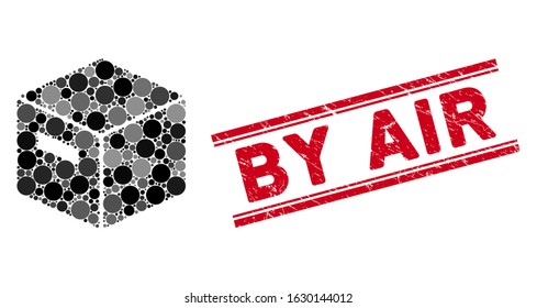 Mosaic goods box icon and rubber stamp watermark with By Air phrase between double parallel lines. Mosaic vector is formed with goods box pictogram and with scattered round elements.