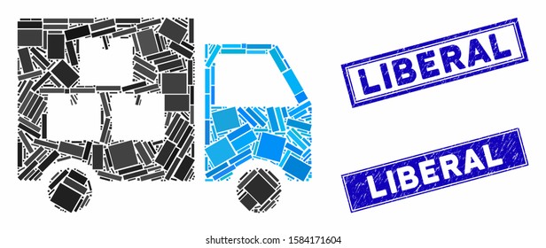 Mosaic goods transportation car pictogram and rectangle Liberal stamps. Flat vector goods transportation car mosaic pictogram of randomized rotated rectangle items.