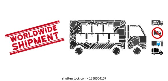 Mosaic goods transportation truck icon and red Worldwide Shipment stamp between double parallel lines. Flat vector goods transportation truck mosaic icon of randomized rotated rectangular items.