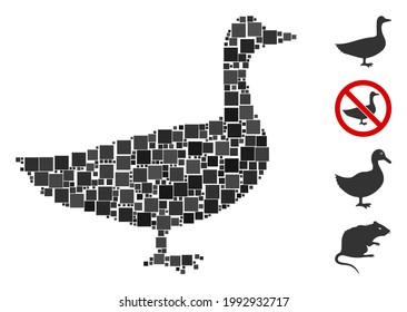 Mosaic Goose icon composed of square elements in various sizes and color hues. Vector square elements are composed into abstract collage goose icon. Bonus icons are placed.