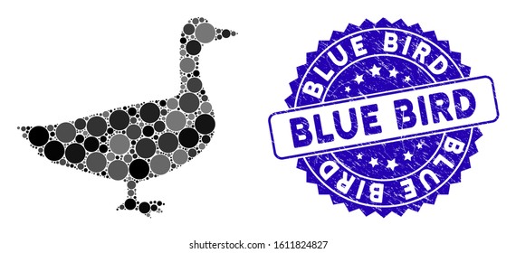 Mosaic goose icon and rubber stamp watermark with Blue Bird caption. Mosaic vector is created with goose pictogram and with randomized spheric spots. Blue Bird stamp uses blue color,