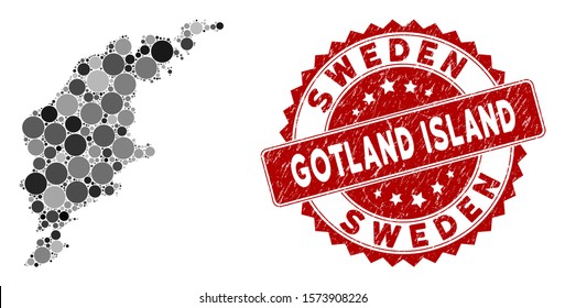 Mosaic Gotland Island map and circle stamp. Flat vector Gotland Island map mosaic of scattered round items. Red rubber stamp with dirty style. Designed for political and patriotic agitation.