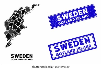 Mosaic Gotland Island map and rectangular seal stamps. Flat vector Gotland Island map mosaic of random rotated rectangle elements. Blue caption seal stamps with dirty texture.