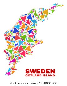 Mosaic Gotland Island map of triangles in bright colors isolated on a white background. Triangular collage in shape of Gotland Island map. Abstract design for patriotic decoration.