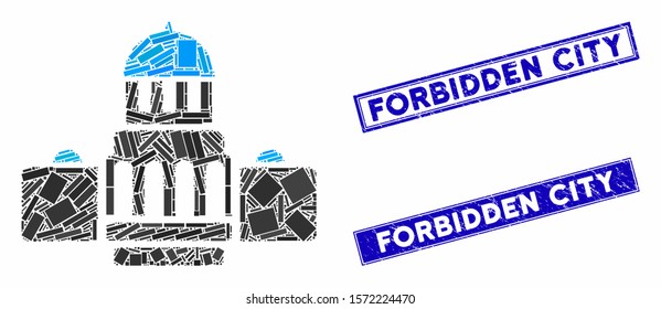 Mosaic government buildings pictogram and rectangular Forbidden City seals. Flat vector government buildings mosaic icon of random rotated rectangular items.