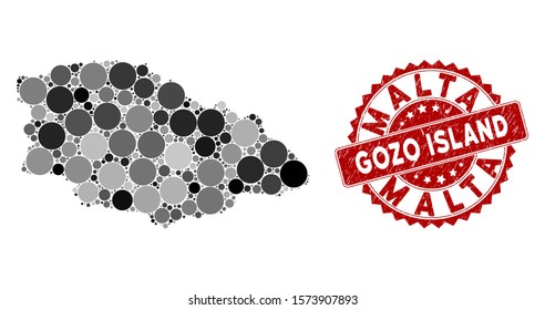Mosaic Gozo Island map and round rubber print. Flat vector Gozo Island map mosaic of randomized round elements. Red rubber seal with scratched design. Designed for political and patriotic agitprop.