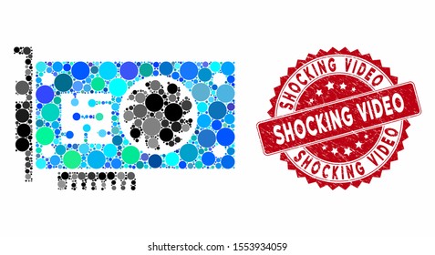 Mosaic GPU Accelerator Card And Grunge Stamp Watermark With Shocking Video Text. Mosaic Vector Is Composed With GPU Accelerator Card Icon And With Random Round Elements.