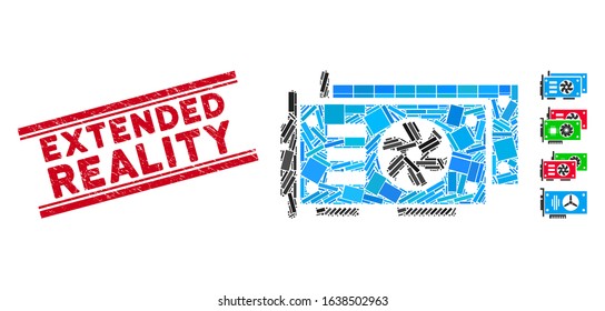 Mosaic GPU video cards icon and red Extended Reality seal stamp between double parallel lines. Flat vector GPU video cards mosaic icon of random rotated rectangular items.