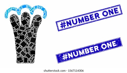 Mosaic grab gesture icon and rectangle seal stamps. Flat vector grab gesture mosaic icon of scattered rotated rectangle items. Blue caption watermarks with grunge surface.