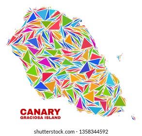 Mosaic Graciosa Island map of triangles in bright colors isolated on a white background. Triangular collage in shape of Graciosa Island map. Abstract design for patriotic purposes.