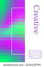Mosaic gradient art poster concept. Minimalistic retro creativity and art. Purple and green pixels. Template, layout and mock up. Flyer and leaflet, booklet. Cartoon flat vector illustration