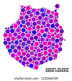 Mosaic Gran Canaria map isolated on a white background. Vector geographic abstraction in pink and violet colors. Mosaic of Gran Canaria map combined of random round dots.