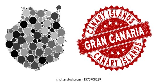 Mosaic Gran Canaria map and round seal. Flat vector Gran Canaria map mosaic of randomized round items. Red seal with distress design. Designed for political and patriotic applications.