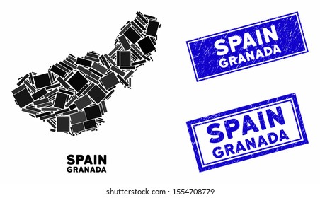 Mosaic Granada Province map and rectangle seals. Flat vector Granada Province map mosaic of random rotated rectangle elements. Blue caption rubber seals with rubber textures.