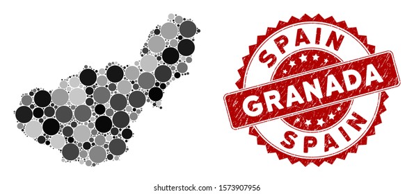 Mosaic Granada Province map and round stamp. Flat vector Granada Province map mosaic of scattered round items. Red rubber stamp with grunge surface. Designed for political and patriotic proclamations.