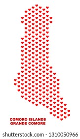 Mosaic Grande Comore Island map of heart hearts in red color isolated on a white background. Regular red heart pattern in shape of Grande Comore Island map. Abstract design for Valentine decoration.