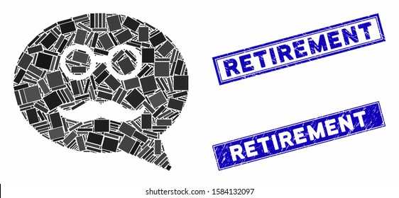 Mosaic grandfather smiley message pictogram and rectangle Retirement seal stamps. Flat vector grandfather smiley message mosaic pictogram of scattered rotated rectangle elements.