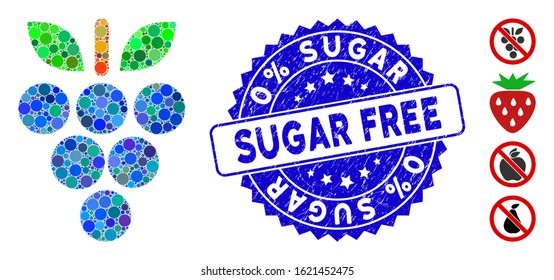 Mosaic grapes icon and corroded stamp watermark with 0% Sugar Free phrase. Mosaic vector is designed with grapes icon and with scattered round items. 0% Sugar Free stamp uses blue color,