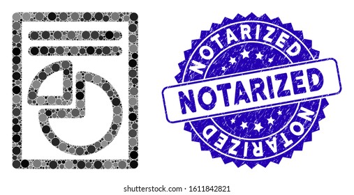 Mosaic graph page icon and distressed stamp seal with Notarized phrase. Mosaic vector is designed with graph page icon and with randomized spheric spots. Notarized stamp seal uses blue color,