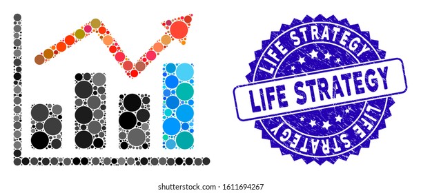 Mosaic graphs icon and corroded stamp seal with Life Strategy text. Mosaic vector is created with graphs pictogram and with scattered circle elements. Life Strategy stamp seal uses blue color,