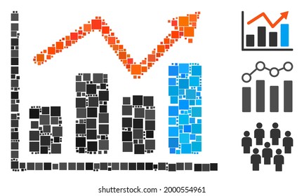 Icono de Mosaic Graphs unidos de elementos cuadrados en tamaños aleatorios y tonos de color. Los elementos cuadrados vectoriales se agrupan en un icono abstracto de gráficos de mosaico. Se colocan los iconos de bonificación.