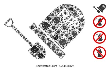 Mosaic grave exhumation constructed from covid-2019 virus items in variable sizes and color hues. Vector infection icons are organized into abstract mosaic grave exhumation icon.