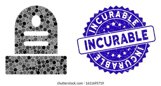 Mosaic grave stone icon and rubber stamp seal with Incurable phrase. Mosaic vector is composed with grave stone icon and with random circle spots. Incurable stamp seal uses blue color,