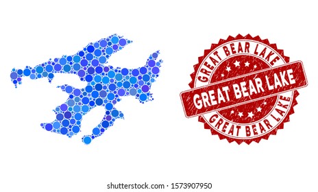Mosaic Great Bear Lake map and circle stamp. Flat vector Great Bear Lake map mosaic of scattered circle elements. Red rubber stamp with rubber style. Designed for political and patriotic promotion.