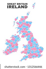 Mosaic Great Britain and Ireland map of lovely hearts in pink and blue colors isolated on a white background. Lovely heart collage in shape of Great Britain and Ireland map.