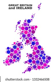 Mosaic Great Britain and Ireland map isolated on a white background. Vector geographic abstraction in pink and violet colors. Mosaic of Great Britain and Ireland map combined of random spheric dots.