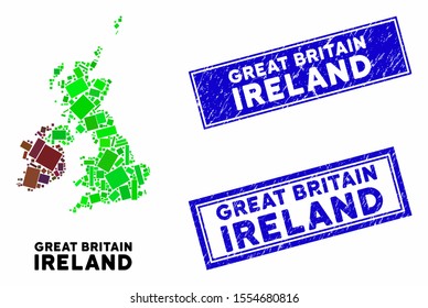 Mosaic Great Britain and Ireland map and rectangular seals. Flat vector Great Britain and Ireland map mosaic of randomized rotated rectangular elements. Blue caption seals with grunge texture.