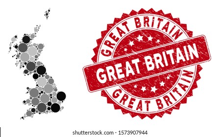 Mosaic Great Britain map and circle stamp. Flat vector Great Britain map mosaic of randomized circle items. Red stamp with scratched design. Designed for political and patriotic purposes.