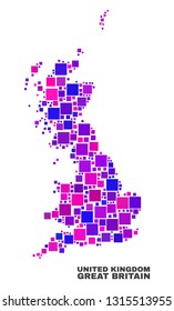 Mosaic Great Britain map isolated on a white background. Vector geographic abstraction in pink and violet colors. Mosaic of Great Britain map combined of random square items.