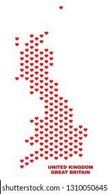 Mosaic Great Britain map of valentine hearts in red color isolated on a white background. Regular red heart pattern in shape of Great Britain map. Abstract design for Valentine decoration.