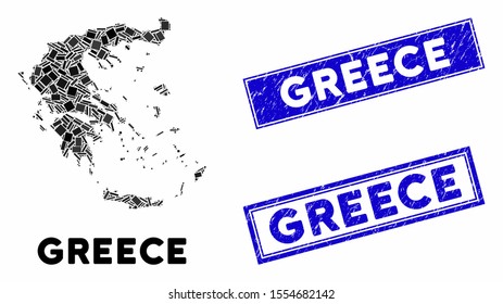Mosaic Greece map and rectangle rubber prints. Flat vector Greece map mosaic of random rotated rectangle elements. Blue caption seals with distress textures.