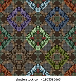 Mosaic greek seamless pattern. Pixel halftone colorful background. Repeat vector tribal ethnic backdrop. Ancient symbols, signs, greek key, meanders, squares, rhombus. Geometric abstract ornaments.