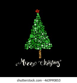 Mosaic green Christmas trees tree on black background